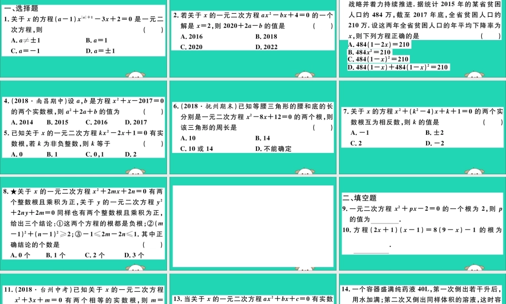 (江西专用)九年级数学下册 专项训练一 一元二次方程习题讲评课件 (新版)新人教版 课件