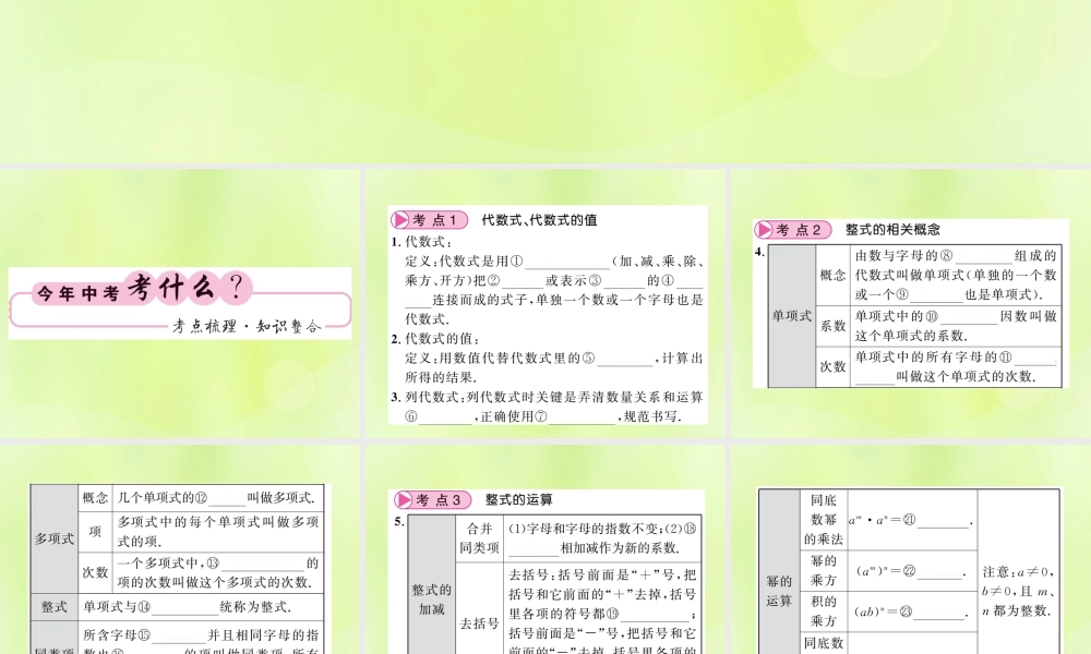 (贵州专版)中考数学总复习 第1轮 教材知识梳理 第1章 数与式 第2节 代数式与整式计算课件