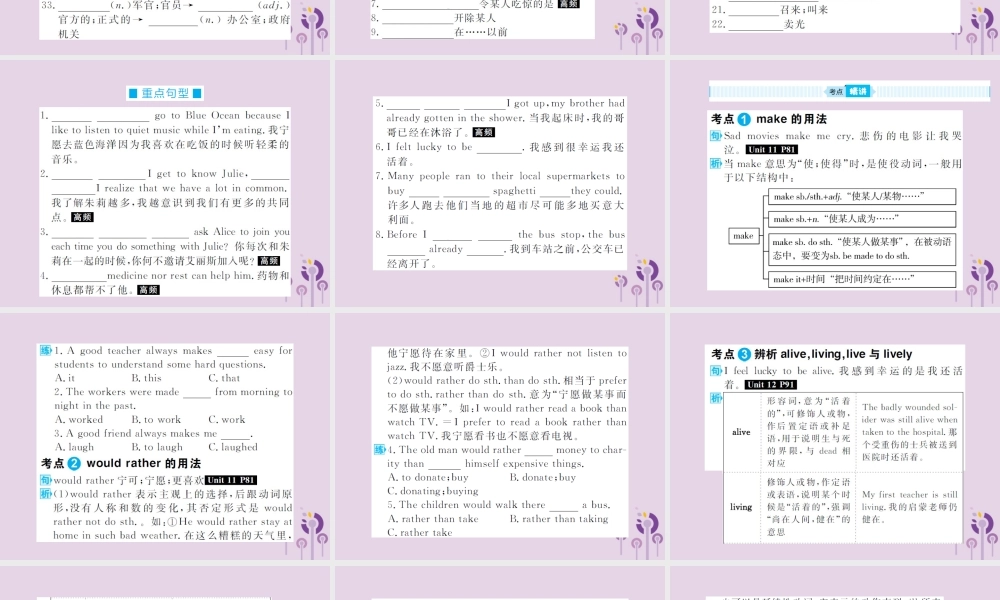 中考英语总复习 第一部分 系统复习 成绩基石 九全 第22讲 Unit 11 12课件