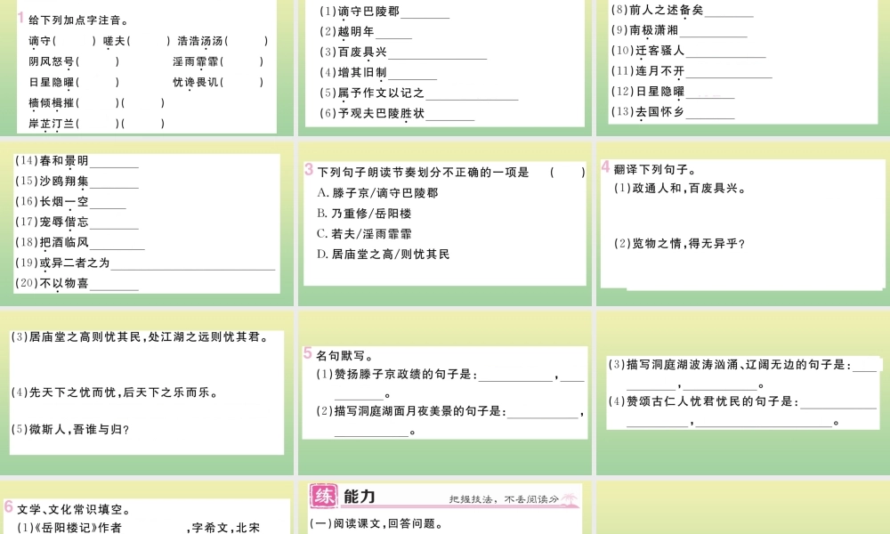 (黄冈专版)九年级语文上册 第三单元 10 岳阳楼记作业课件 新人教版 课件