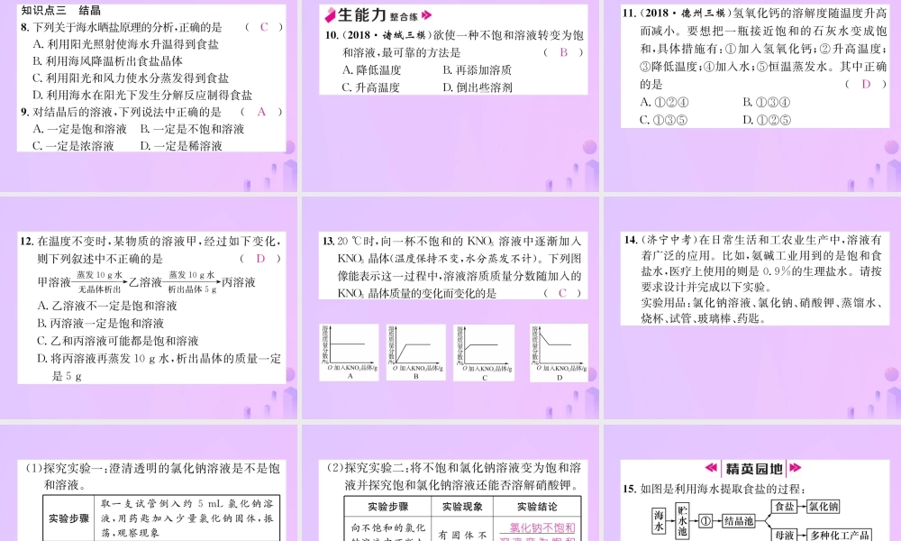九年级化学下册 第9单元 溶液 课题2 溶解度 第1课时 饱和溶液和不饱和溶液作业课件 (新版)新人教版 课件