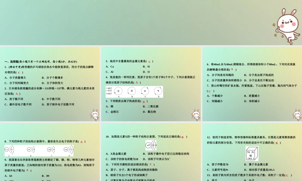 九年级化学上册 第3单元 物质构成的奥秘综合检测卷作业课件 (新版)新人教版 课件