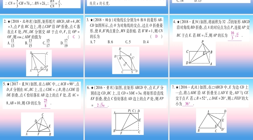 (湖北专版)中考数学总复习 第3轮 压轴题突破 选填题压轴题突破 重难点突破1 几何图形中的有关计算 类型1 几何图形中的折叠问题习题课件