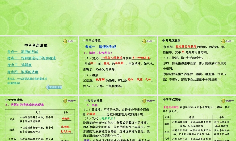 (湖南专用)中考化学总复习 第一部分 第九单元 溶液课件(考点清单+13年中考试题) 课件