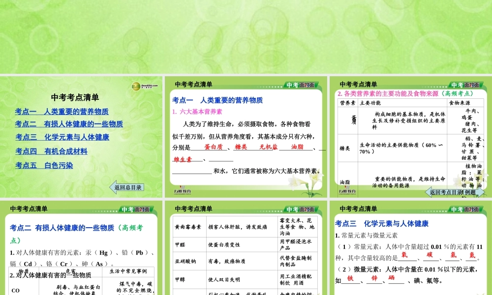 (湖南专用)中考化学总复习 第一部分 第十二单元 化学与生活课件(考点清单+13年中考试题) 课件