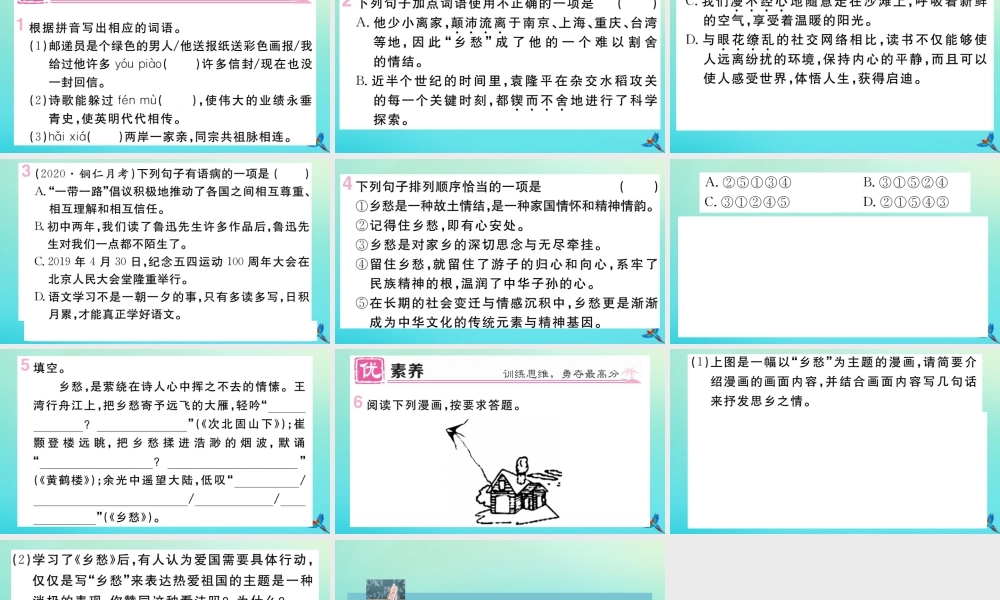 (贵州专版)九年级语文上册 第一单元 3 乡愁作业课件 新人教版 课件