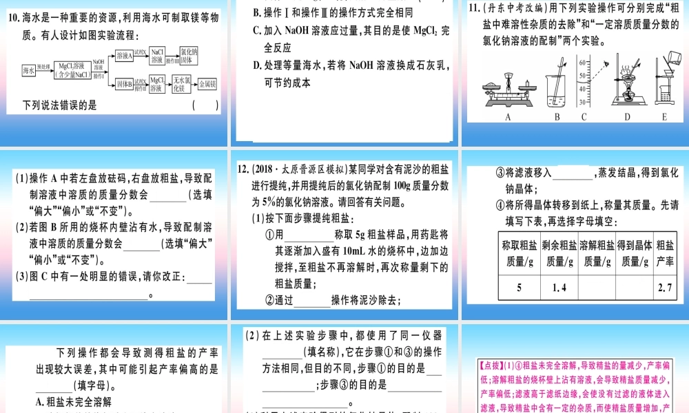 九年级化学下册 第十一单元 盐 化肥 实验活动8 粗盐中难溶性杂质的去除习题课件 新人教版 课件
