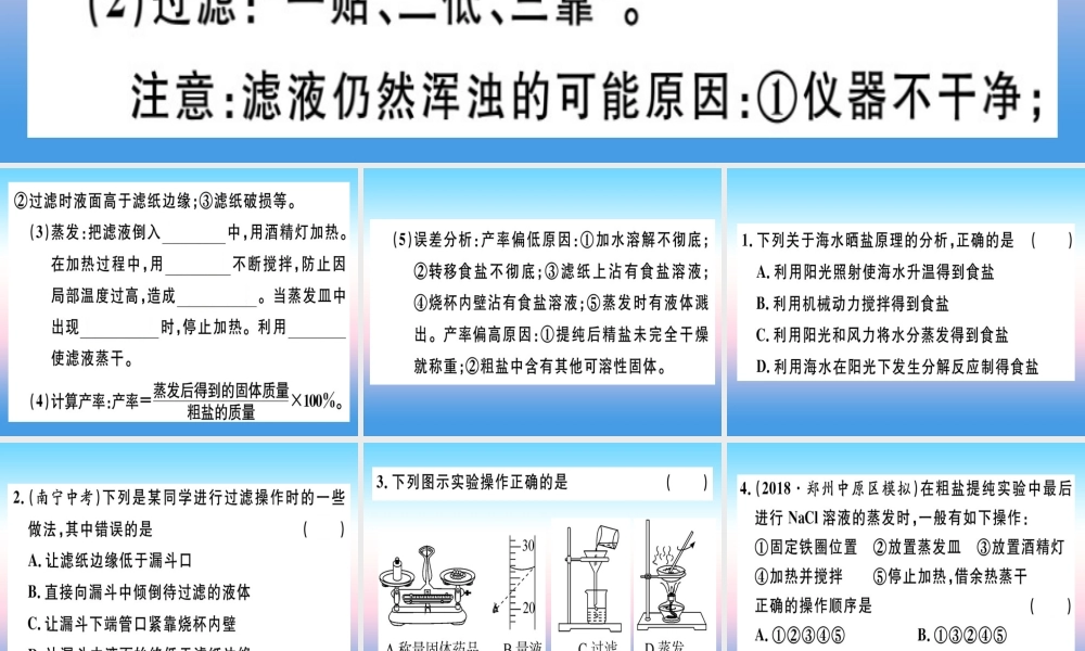 九年级化学下册 第十一单元 盐 化肥 实验活动8 粗盐中难溶性杂质的去除习题课件 (新版)新人教版 课件