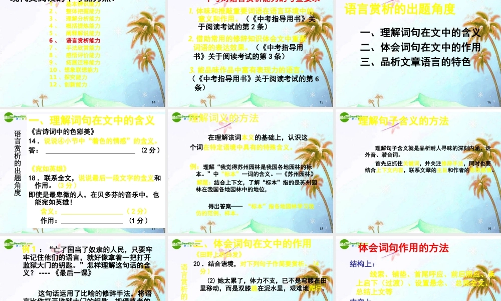 中考语文复习讲座 研究考纲，揣摩样题，加强解题指导 课件