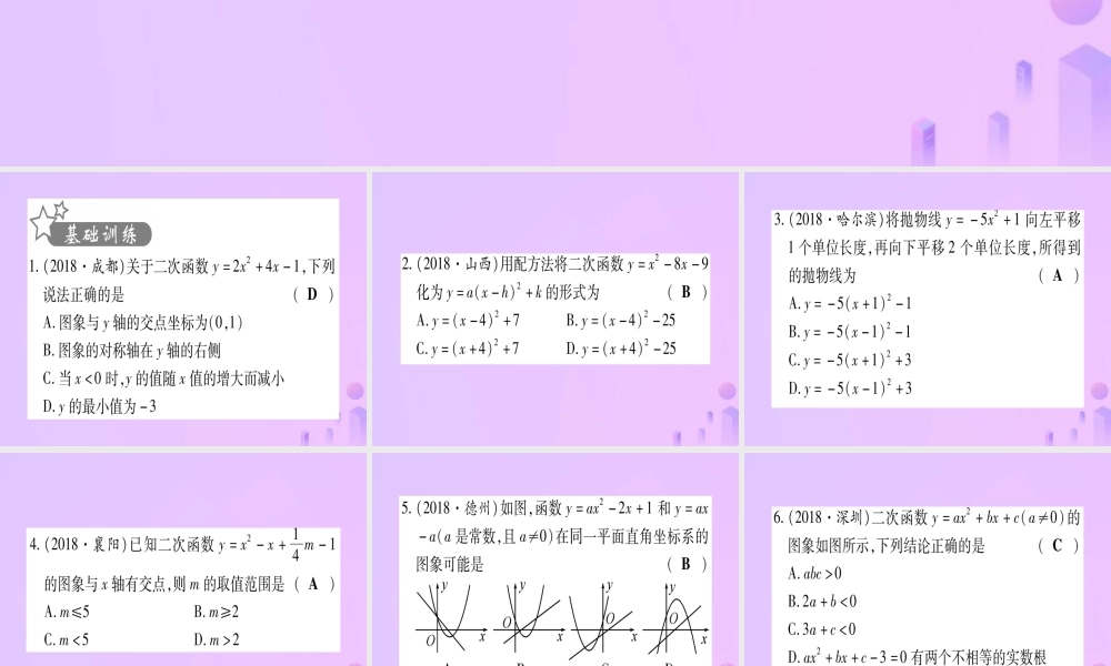 (云南专用)中考数学 第一轮 考点系统复习 第3章 函数 第4节 二次函数的图象与性质作业课件