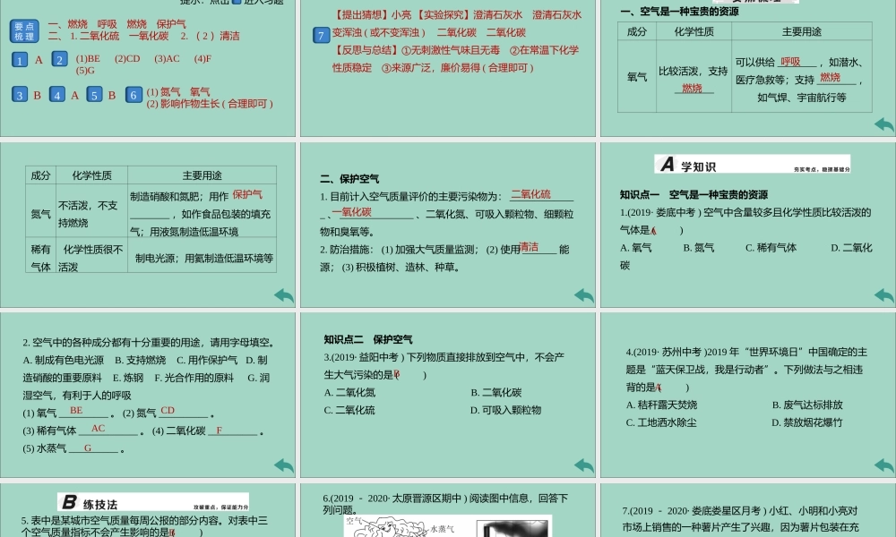 九年级化学上册 第二单元 我们周围的空气 课题1 空气 第2课时 空气是一种宝贵的资源 保护空气习题讲评课件 (新版)新人教版 课件
