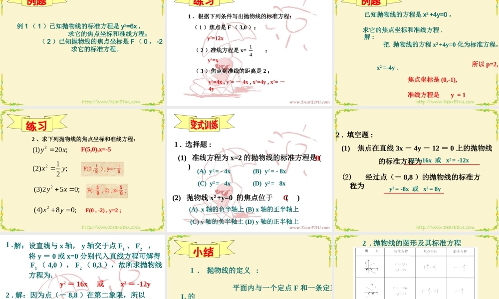8.5抛物线的定义及标准方程10 高二数学圆锥曲线ppt课件集二 人教版 高二数学圆锥曲线ppt课件集二 人教版