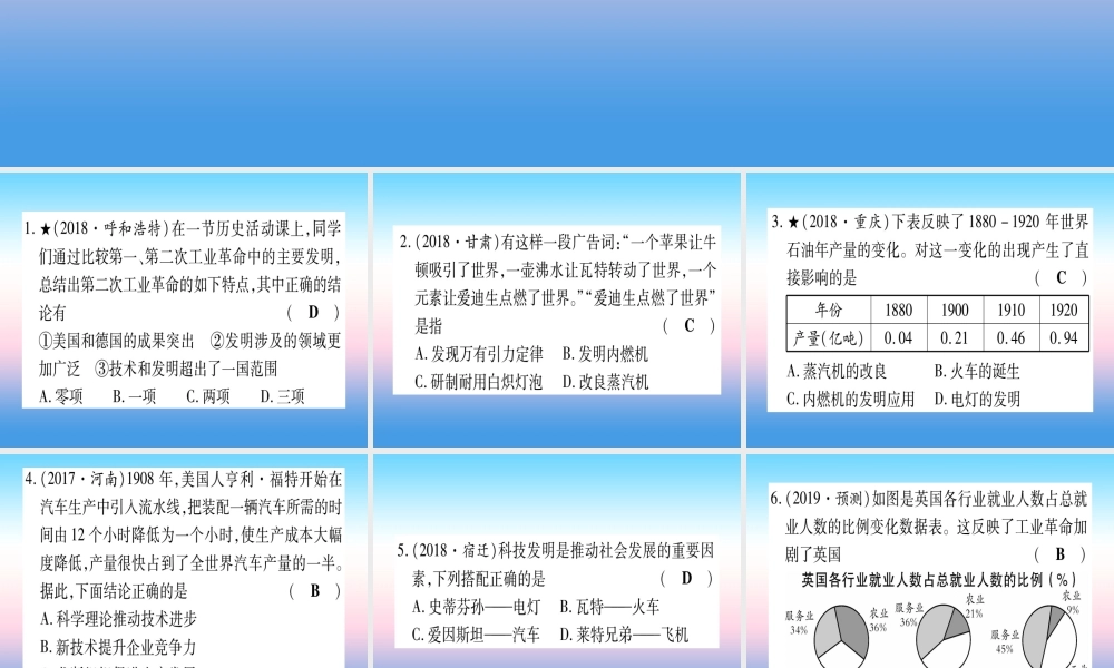 (甘肃专用)中考历史总复习 第一篇 考点系统复习 板块五 世界近代史 主题五 第二次工业革命和近代科学文化(精练)课件