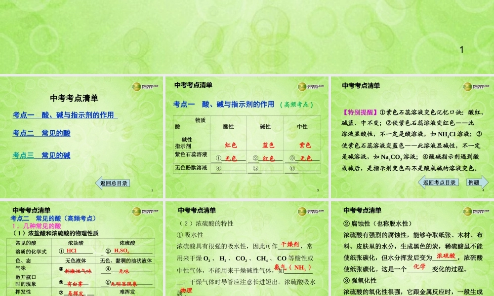 (湖南专用)中考化学总复习 第一部分 第十单元 酸和碱课时1课件(考点清单+13年中考试题) 课件