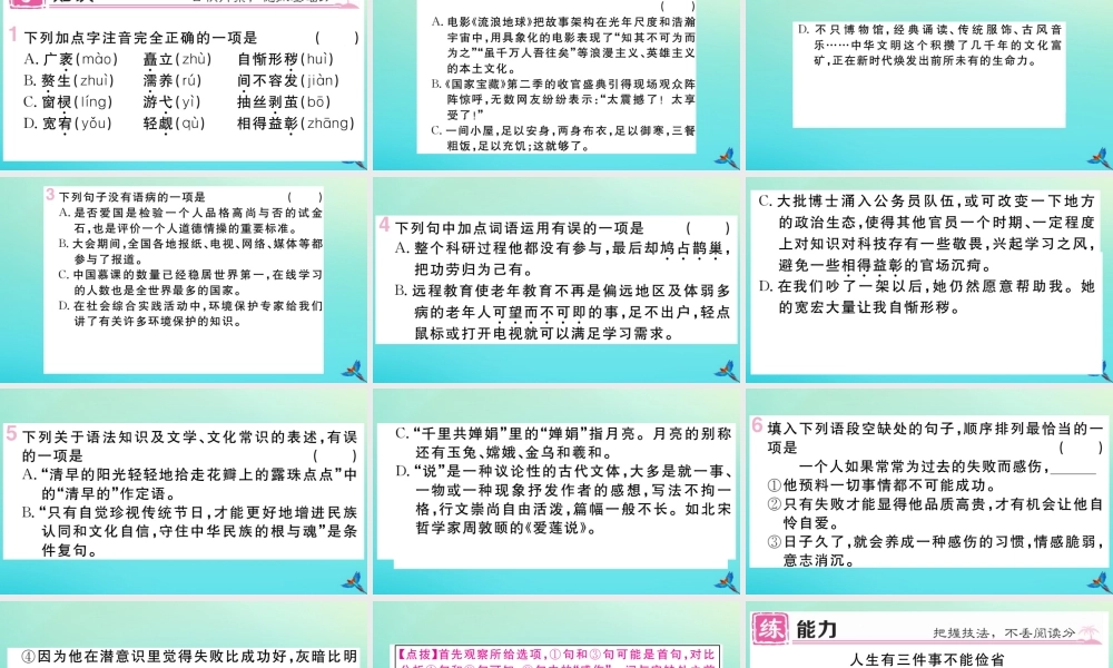 (黄冈专版)九年级语文上册 第二单元 9 精神的三件小屋作业课件 新人教版 课件