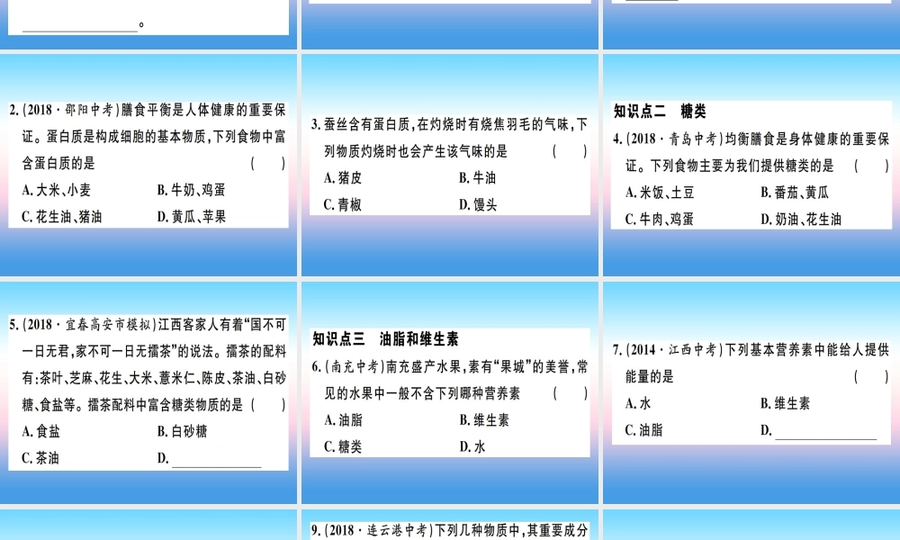 (江西专版)九年级化学下册 第十二单元 化学与生活 课题1 人类重要的营养物质习题课件 (新版)新人教版 课件
