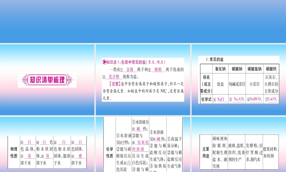 (云南专用)中考化学总复习 第1部分 教材系统复习 九下 第11单元 盐 化肥(精讲)课件