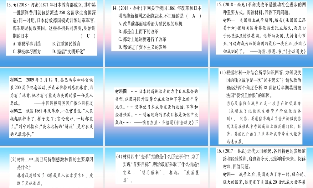 (甘肃专用)中考历史总复习 第一篇 考点系统复习 板块五 世界近代史 主题四 殖民地人民的反抗与资本主义制度的扩展(精练)课件