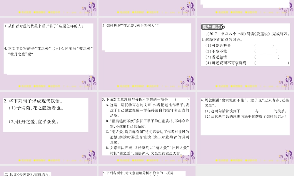 中考语文复习 第二部分 古诗文积累与阅读 专题二 文言文(十)(爱莲说)课件