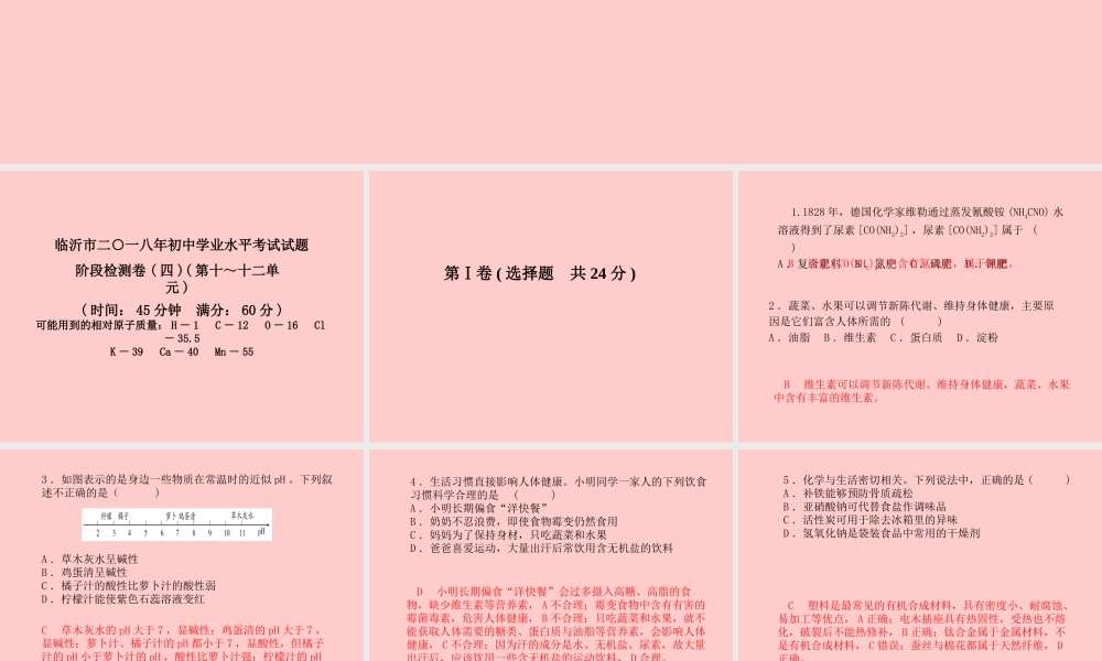 (临沂专版)中考化学总复习 第三部分 模拟检测 冲刺中考 阶段检测卷(四)课件 新人教版 课件