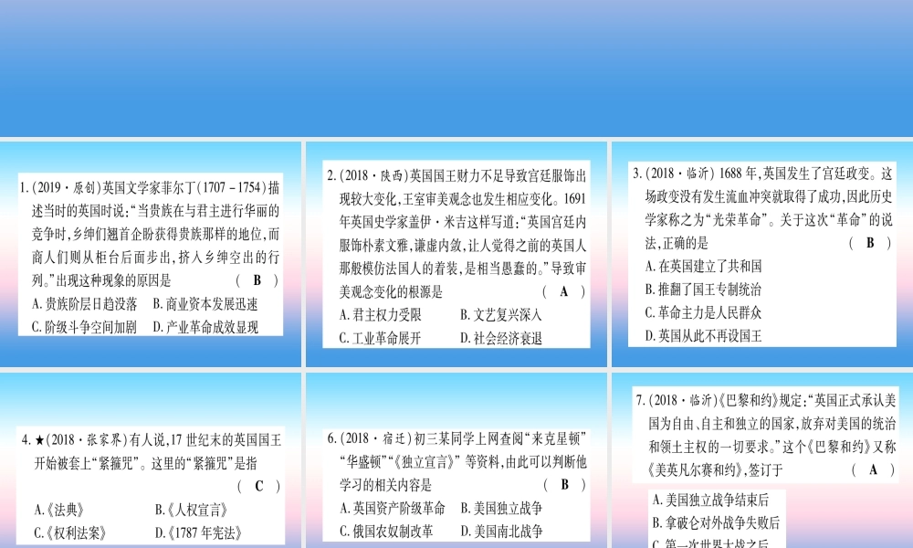 (甘肃专用)中考历史总复习 第一篇 考点系统复习 板块五 世界近代史 主题二 资本主义制度的初步确立(精练)课件