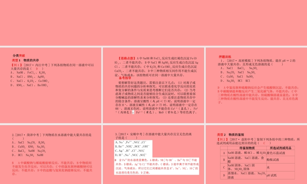 (潍坊专版)中考化学总复习 第二部分 专题复习 高分保障 专题2 物质的共存、检验、除杂题课件 新人教版 课件