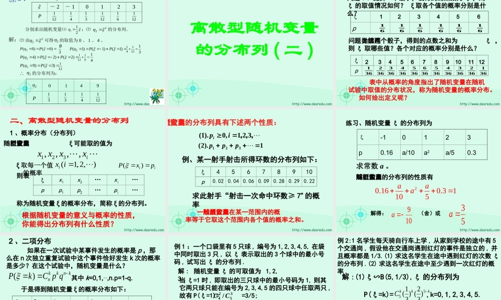 9离散型随机变量的分布列 高二数学选修2-3从排列组合到正态分布全部课件二(含ppt,flash)新课标 高二数学选修2-3从排列组合到正态分布全部课件二(含ppt,flash)新课标