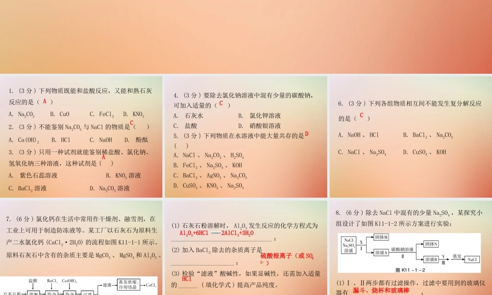 九年级化学下册 第十一单元 盐 化肥 课题1 生活中常见的盐 课时2 盐的化学性质复分解反应(小测本)课件 (新版)新人教版 课件