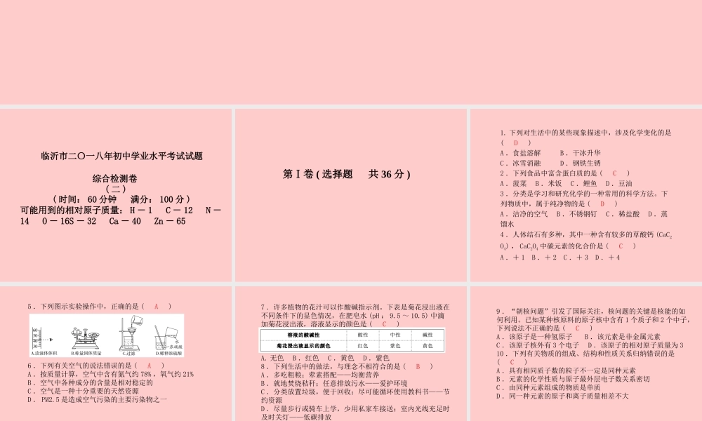 (临沂专版)中考化学总复习 第三部分 模拟检测 冲刺中考 综合检测卷(二)课件 新人教版 课件