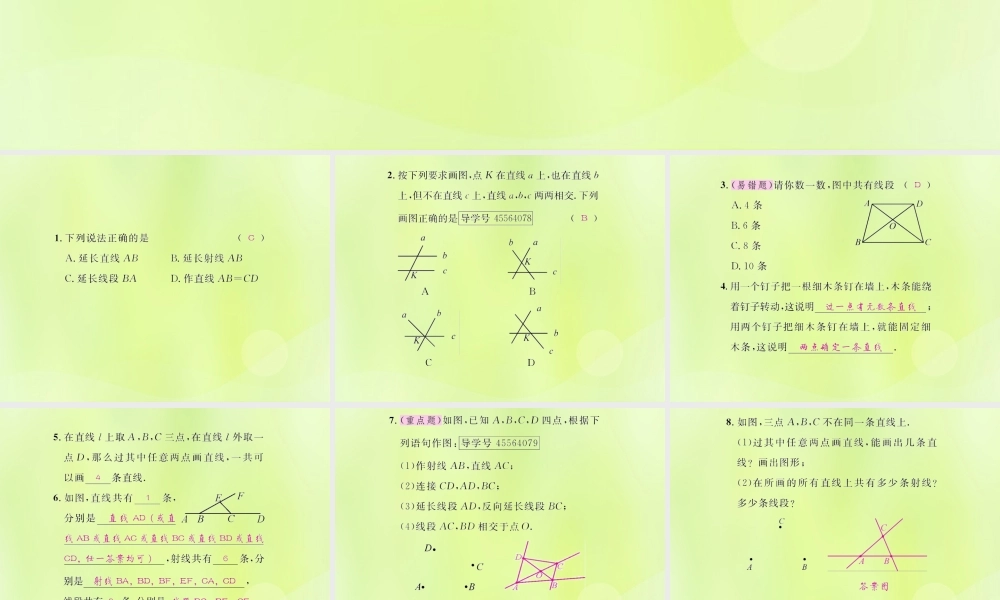 (遵义专版)七年级数学上册 第四章 几何图形初步 4.2 直线、射线、线段 第1课时 直线、射线、线段课后作业课件 (新版)新人教版 课件