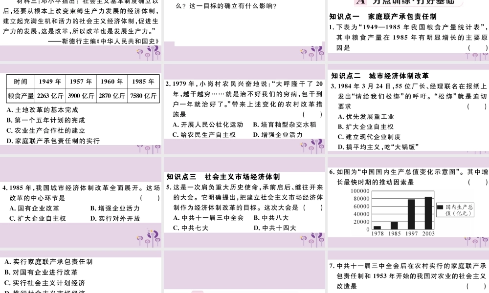 (玉林专版)八年级历史下册 第三单元 中国特色社会主义道路 第8课 经济体制改革习题课件 新人教版 课件