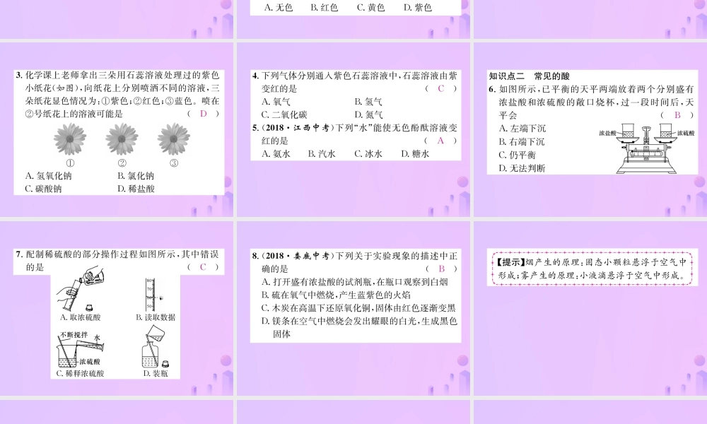 九年级化学下册 第10单元 酸和碱 课题1 常见的酸和碱 第1课时 常见的酸作业课件 (新版)新人教版 课件