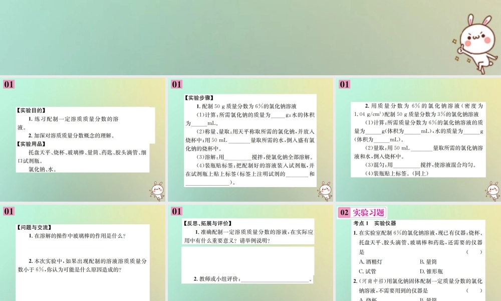 九年级化学下册 第九单元 溶液 实验活动5 一定溶质质量分数的氯化钠溶液的配制习题课件 (新版)新人教版 课件