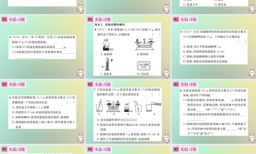 九年级化学下册 第九单元 溶液 实验活动5 一定溶质质量分数的氯化钠溶液的配制习题课件 (新版)新人教版 课件