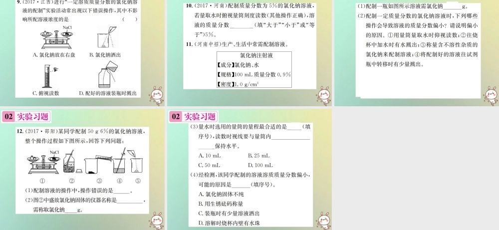 九年级化学下册 第九单元 溶液 实验活动5 一定溶质质量分数的氯化钠溶液的配制习题课件 (新版)新人教版 课件
