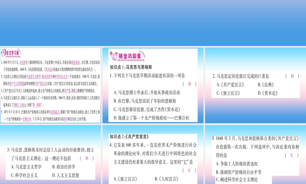 九年级历史上册 第7单元 工业革命和工人运动的兴起 第21课 马克思主义的诞生和国际工人运动的兴起习题课件 新人教版 课件