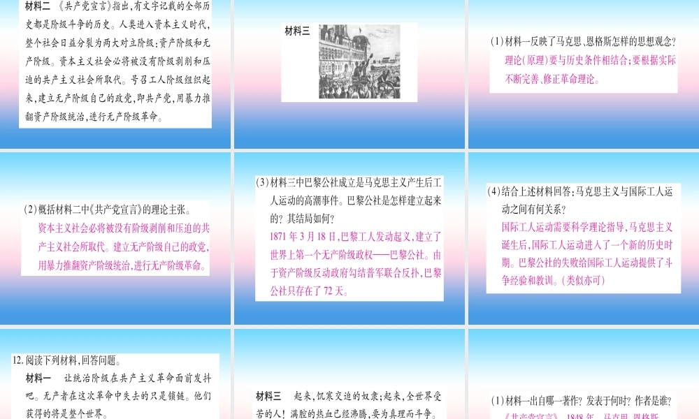 九年级历史上册 第7单元 工业革命和工人运动的兴起 第21课 马克思主义的诞生和国际工人运动的兴起习题课件 新人教版 课件