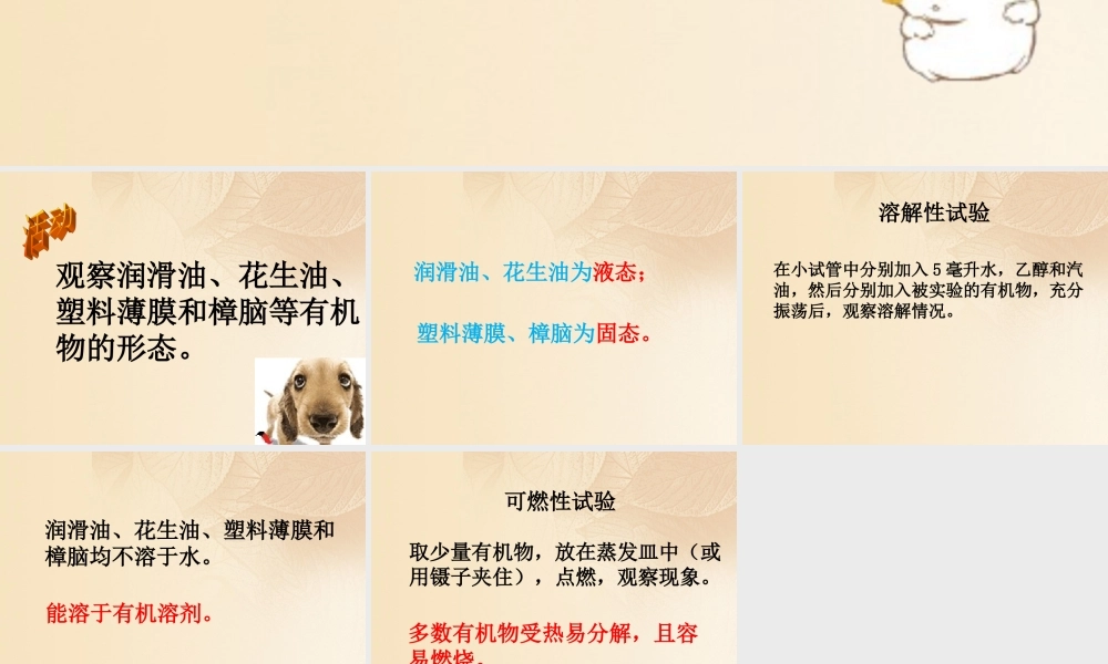 九年级化学下册 91 有机物的常识 观察活动 了解有机物的性质特征素材 (新版)粤教版 素材