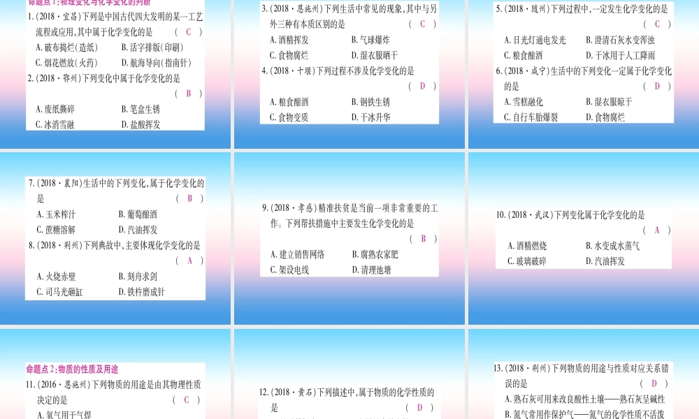 (湖北专版)中考化学总复习 第1部分 教材系统复习 九上 第1单元 走进化学世界习题课件2 课件