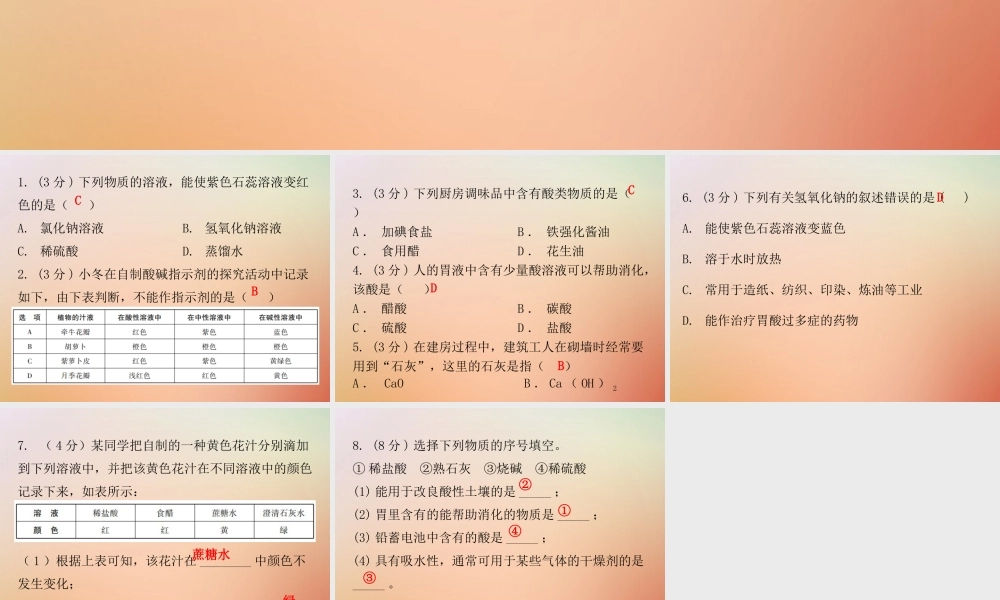 九年级化学下册 第十单元 酸和碱 课题1 常见的酸和碱 课时1 酸与碱的认识(小测本)课件 (新版)新人教版 课件