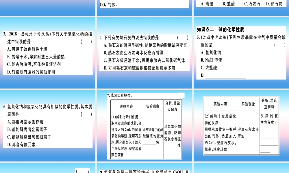 九年级化学下册 第十单元 酸和碱 第3课时 常见的碱 碱的化学性质习题课件 (新版)新人教版 课件