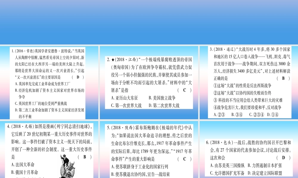 (甘肃专用)中考历史总复习 第一篇 考点系统复习 板块六 世界现代史 主题一 第一次世界大战和战后初期的世界(精练)课件