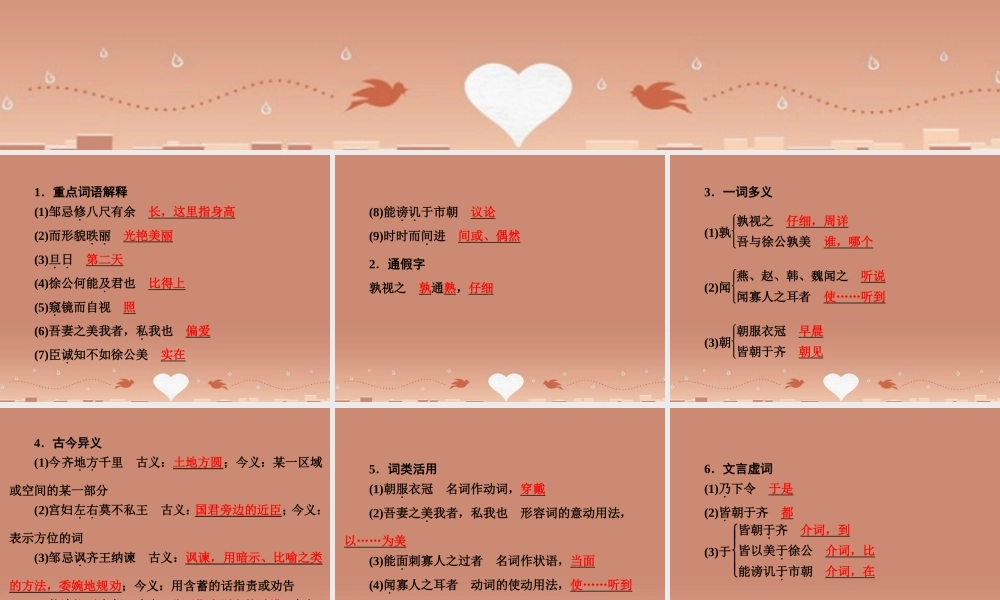 中考语文 第一篇 课内重点文言文梳理二十 邹忌讽齐王纳谏讲解课件