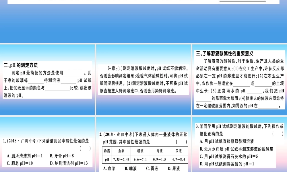 九年级化学下册 第十单元 酸和碱 课题2 第2课时 溶液酸碱度的表示法—pH习题课件 新人教版 课件