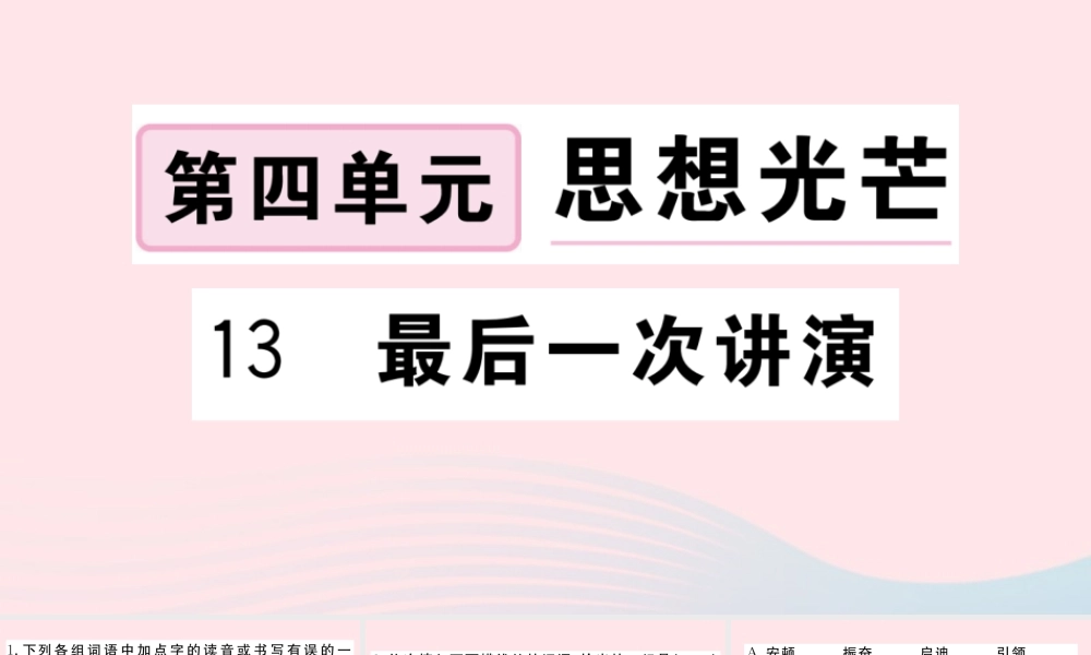 (武汉专版)八年级语文下册 第四单元 13 最后一次讲演习题课件 新人教版 课件