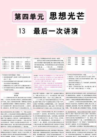 (武汉专版)八年级语文下册 第四单元 13 最后一次讲演习题课件 新人教版 课件