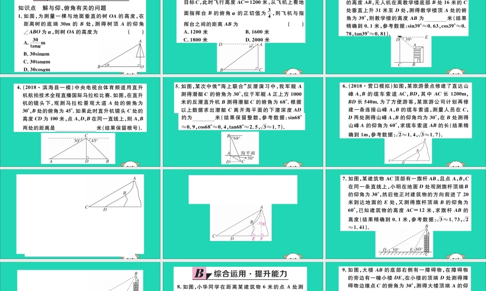 (湖北专用)九年级数学下册 第28章 锐角三角函数 28.2 解直角三角形及其应用 28.2.2 应用举例 第2课时 利用仰、俯角解直角三角形习题讲评课件 (新版)新人教版 课件