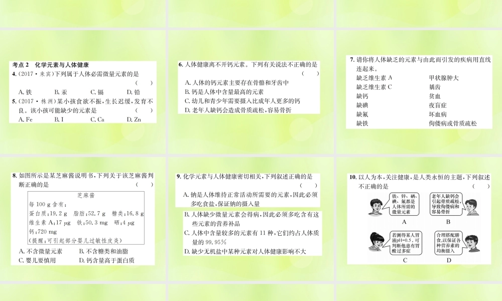 九年级化学下册 第十二单元 化学与生活 课题2 化学元素与人体健康复习课件 (新版)新人教版 课件