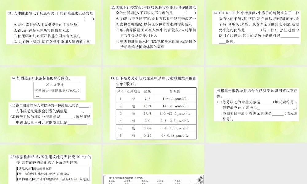 九年级化学下册 第十二单元 化学与生活 课题2 化学元素与人体健康复习课件 (新版)新人教版 课件