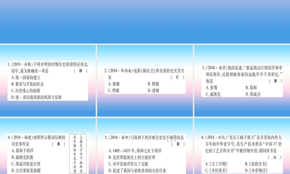 (云南专用)中考历史总复习 第一篇 考点系统复习 板块1 中国古代史 主题四 多民族大一统国家的巩固与发展—明清(精练)课件